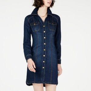 INC International Concepts Dark Blue Denim Long Sleeve Button-Front Dress